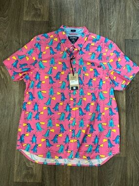 NWT chubbies Godzilla Short-Sleeve Button-Up Pink Friday Shirt Novelty Print